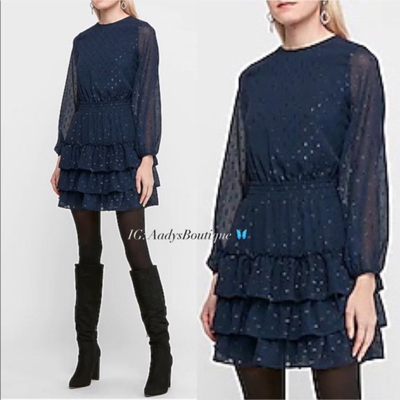 Express Clip Dot Dress Smocked Tiered Long Sleeves Mock Neck Size XS New w/Tag - Picture 3 of 11